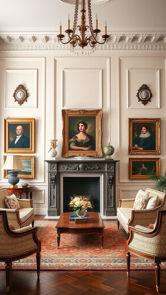 Neoclassical living room featuring classic artwork and framed portraits on the wall.