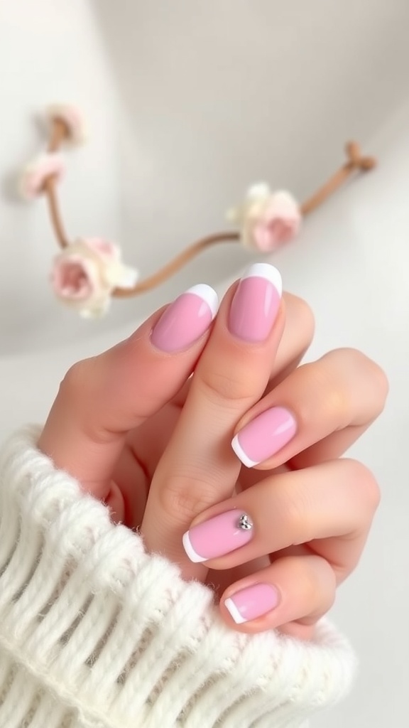 Classic baby pink French tip nails with heart designs and a decorative gem.