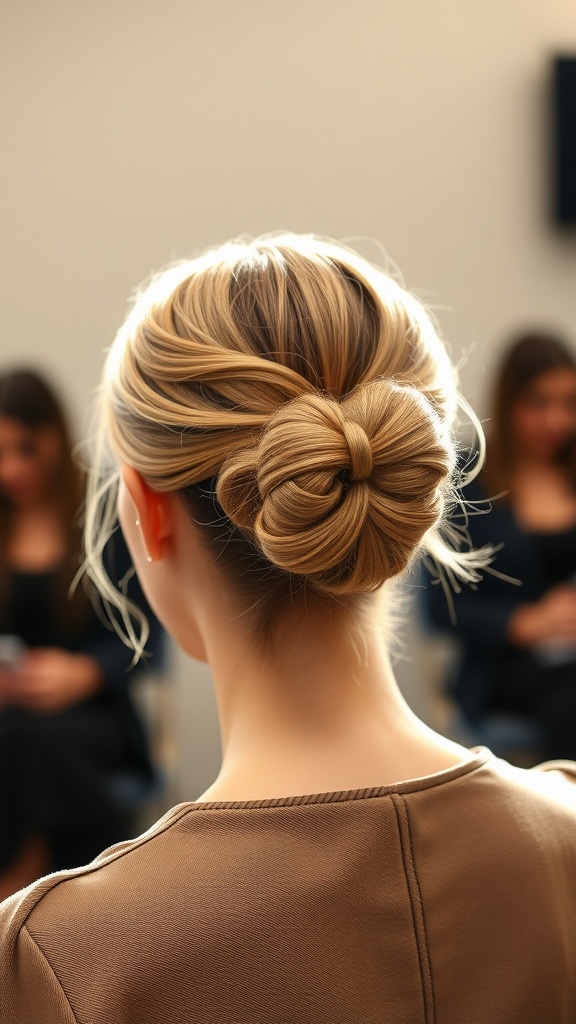 A woman showing a classic bow bun hairstyle from the back, with a simple and elegant design.