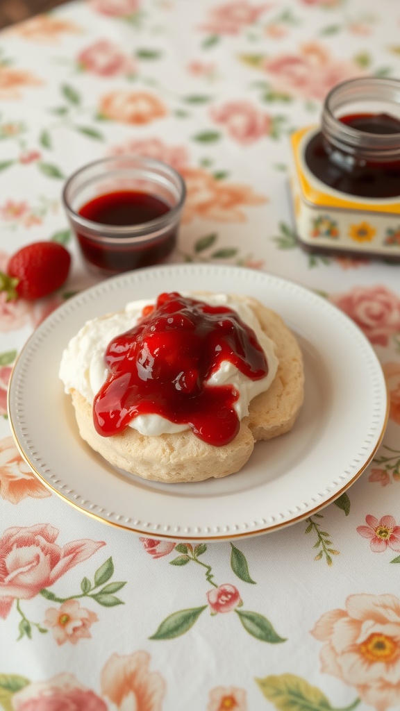 A plate of classic British scones topped with clotted cream and jam, perfect for afternoon tea.