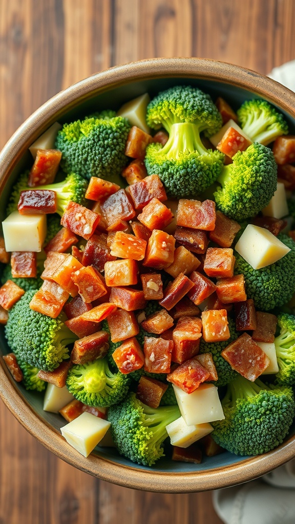Bowl of classic broccoli salad with bacon, cheese, and vegetables.