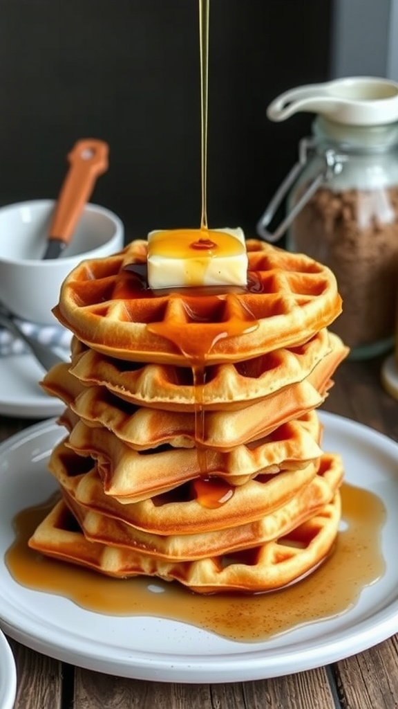 A stack of fluffy buttermilk waffles topped with butter and syrup.