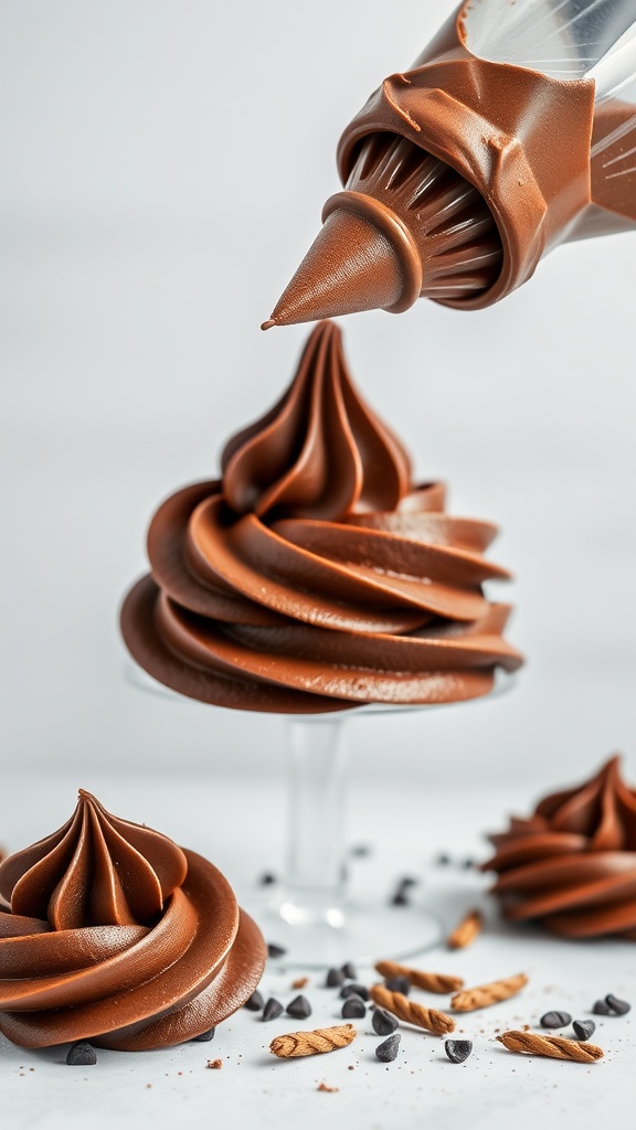 A swirl of chocolate buttercream frosting in a piping bag, ready to decorate desserts.