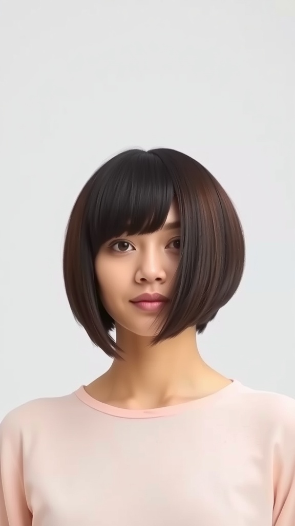 A woman with a classic choppy bob hairstyle, featuring playful layers and a stylish look.
