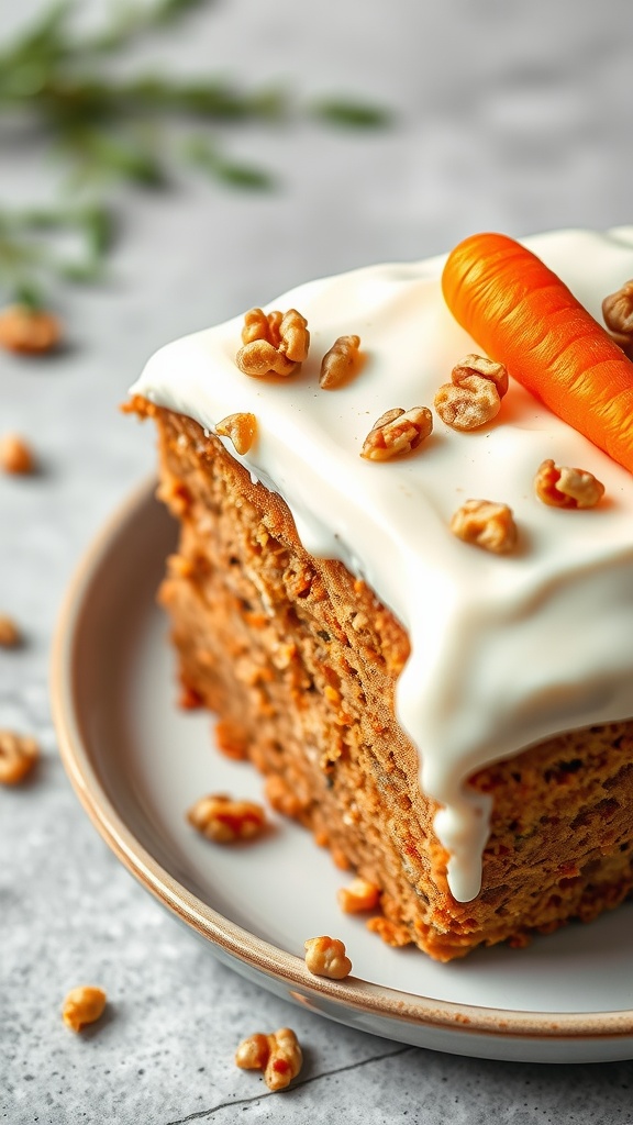 A slice of carrot cake topped with cream cheese frosting and walnuts.