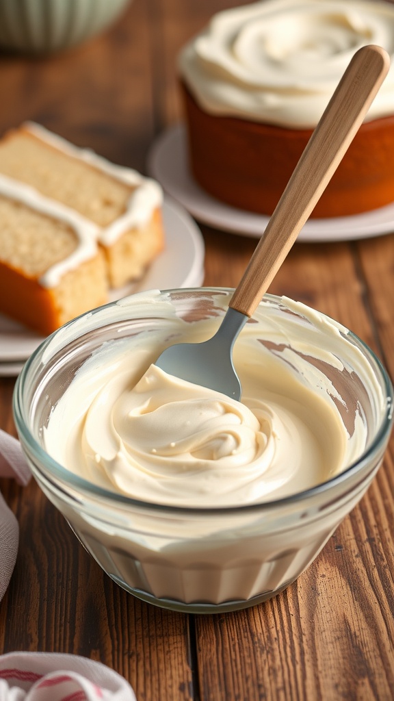 A bowl of smooth cream cheese frosting with a spatula, alongside slices of cake.