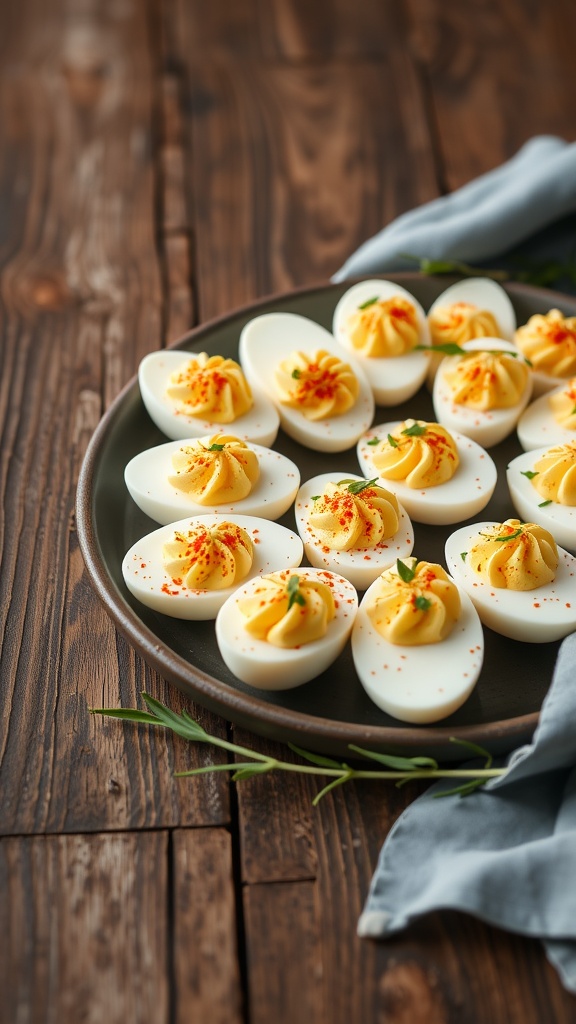Classic deviled eggs garnished with paprika and fresh herbs.