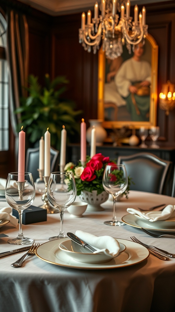 Elegant dining room with a chandelier, fine table settings, and floral arrangement.