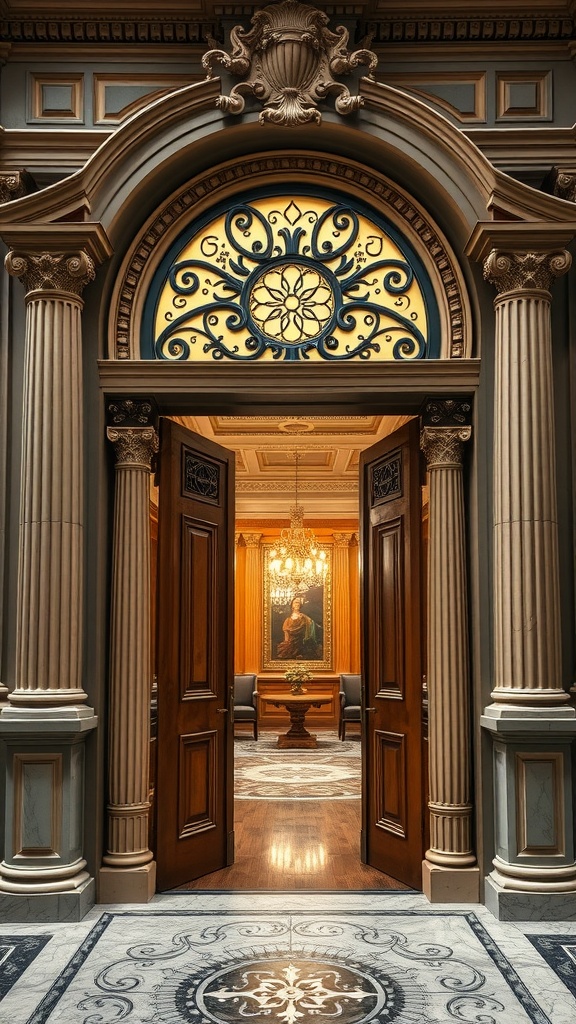 A grand neoclassical doorway with ornate details and rich wood finish.