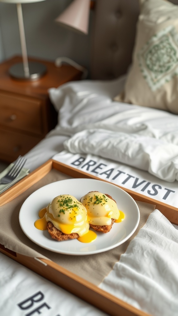 A plate of classic Eggs Benedict featuring poached eggs, Canadian bacon, and hollandaise sauce served on toasted English muffins.