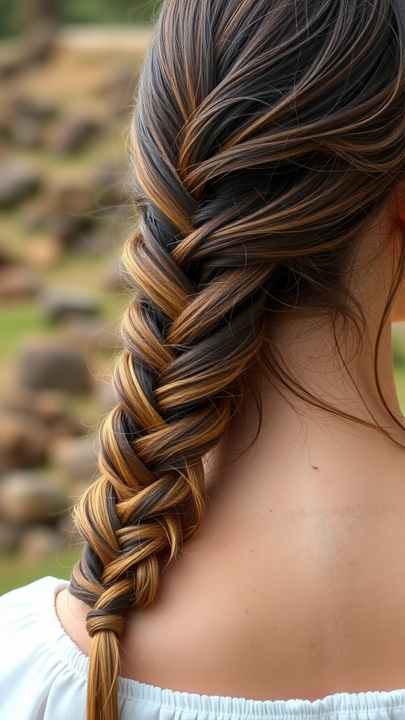 A close-up of a classic French braid hairstyle on long hair.
