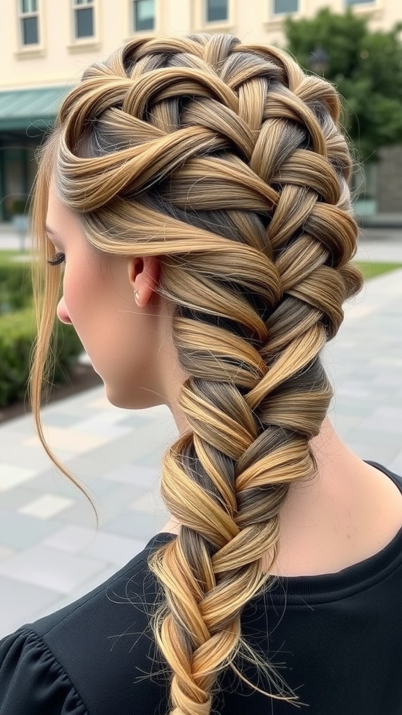 A close-up of a classic French braid hairstyle, showcasing intricate weaving and a stylish look.