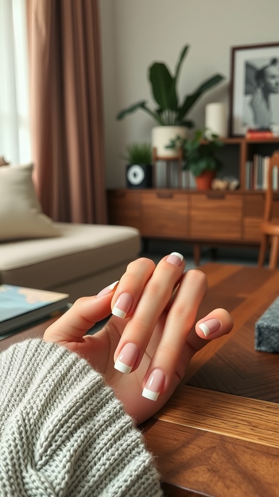 A hand with white French tip nails, styled with a cozy sweater, resting on a wooden table.