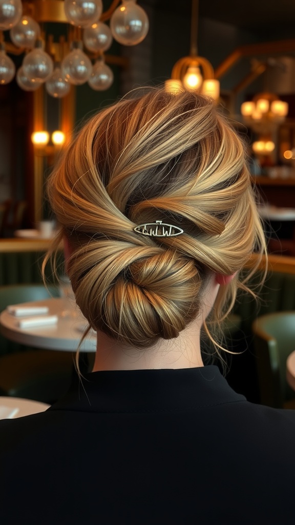 A classic French twist hairstyle secured with a claw clip, showcasing soft blonde hair.