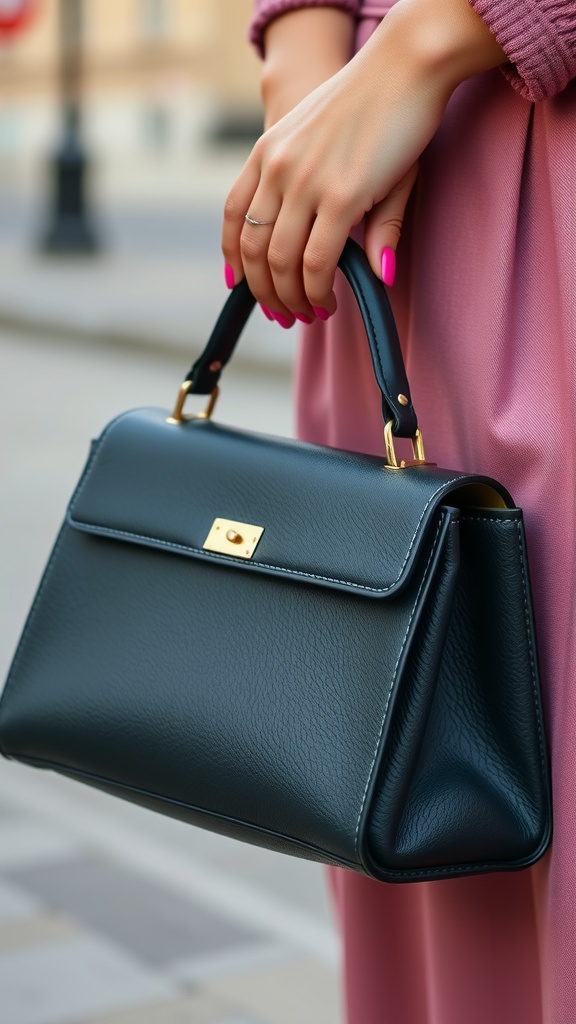 A close-up of a hand holding a black handbag with hot pink nails