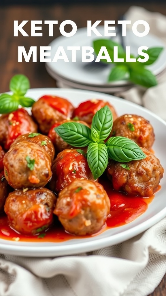 Delicious looking keto meatballs garnished with basil.
