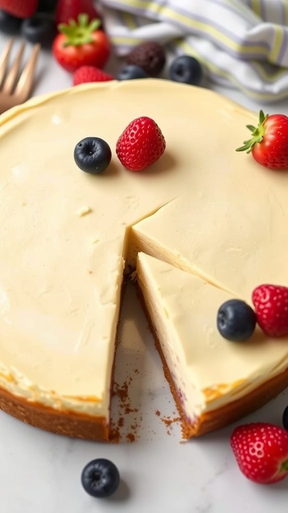 A beautifully baked keto cheesecake topped with fresh berries.