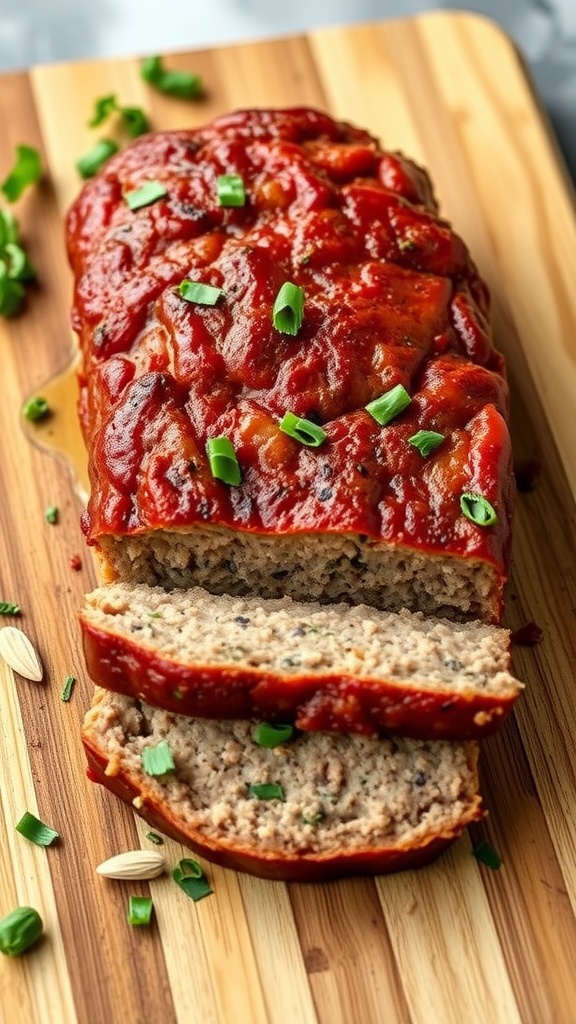 A delicious keto meatloaf topped with ketchup and garnished with green onions.