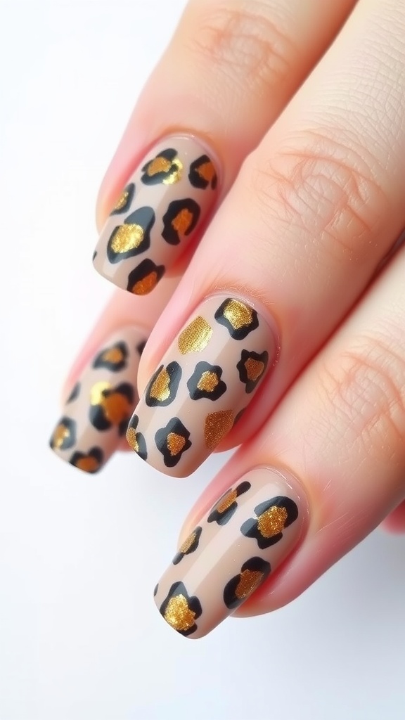 Close-up of leopard print nails with black and gold designs.