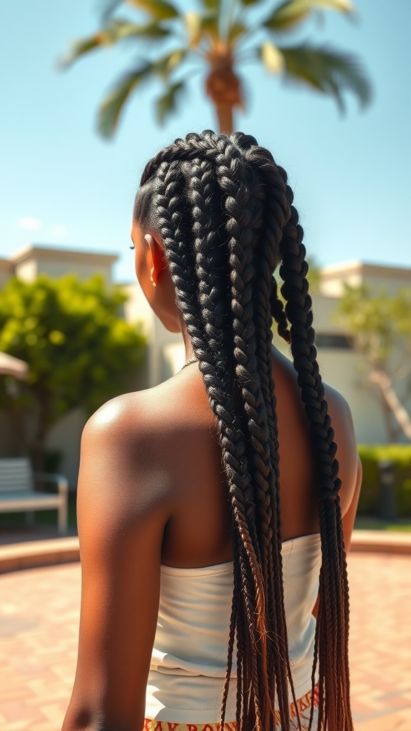 A woman with long box braids standing outdoors, showcasing the hairstyle against a sunny backdrop.