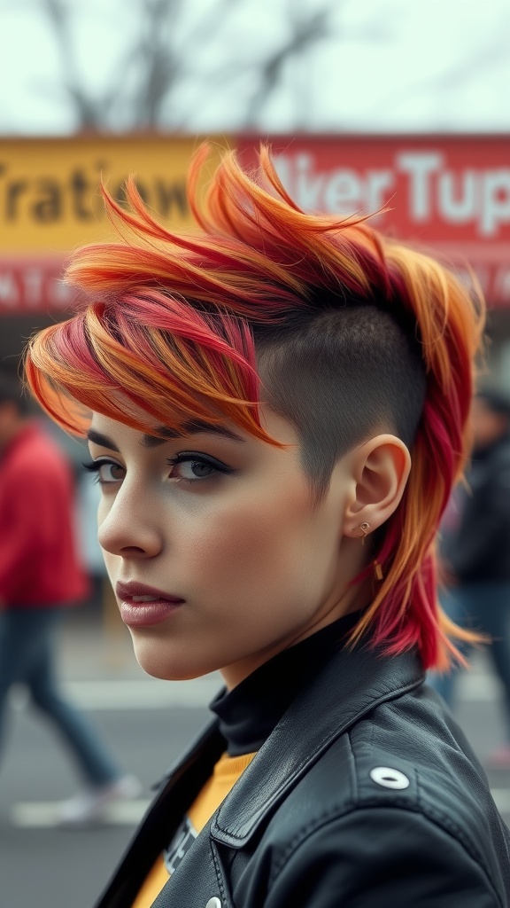 A woman with a colorful mullet hairstyle, showcasing a modern twist on the classic look.