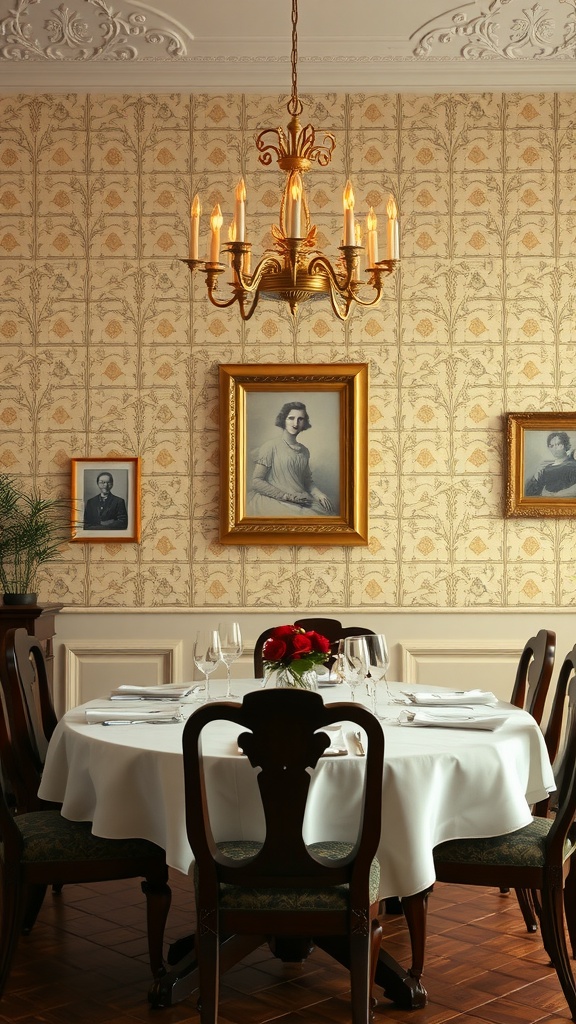Elegant dining room featuring classic wallpaper and wood furniture.