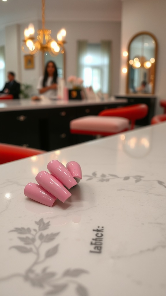 A close-up of pink chrome nails displayed on a marble surface in a salon setting.