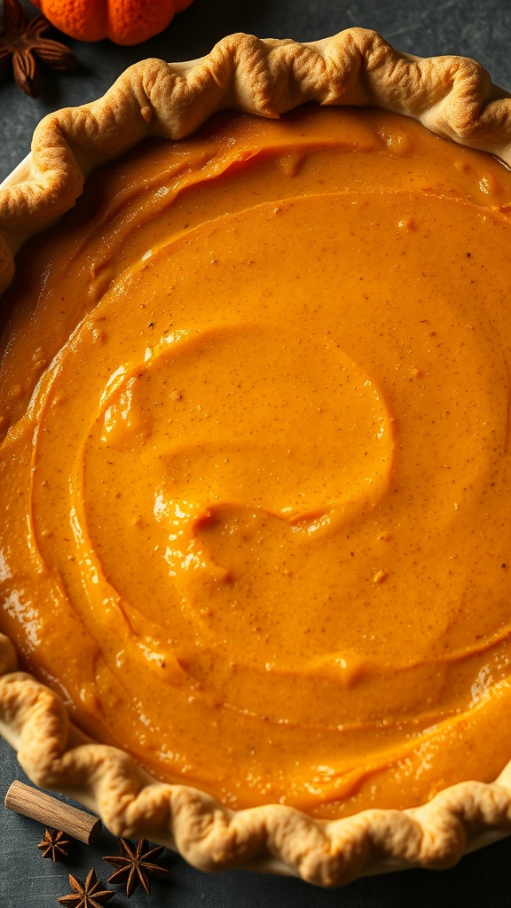 A bowl of pumpkin pie filling ready to be baked.