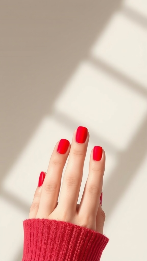 A close-up of a hand with short square nails painted in classic red polish, wearing a cozy red sweater.