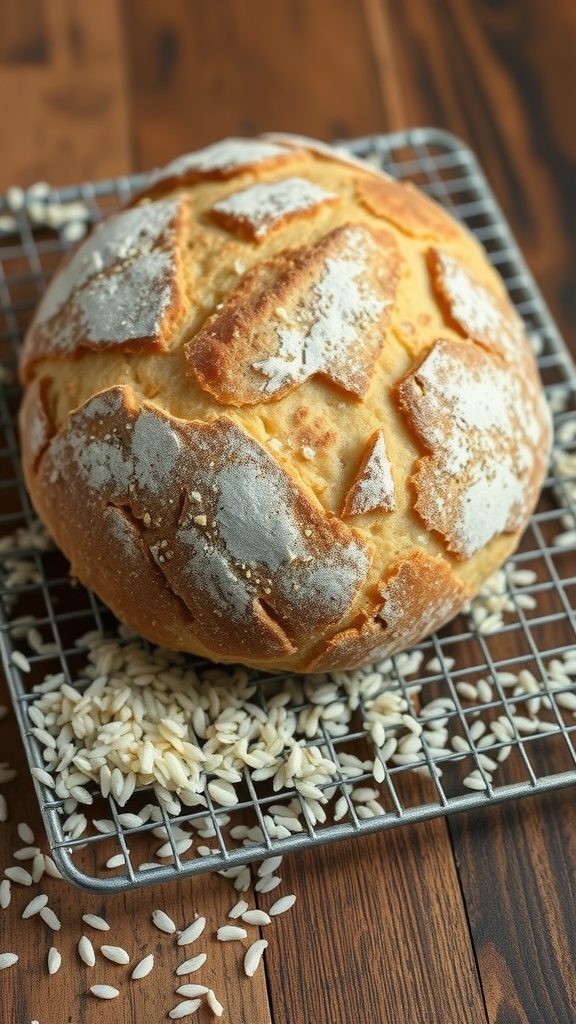 A freshly baked loaf of classic rice flour bread on a cooling rack.