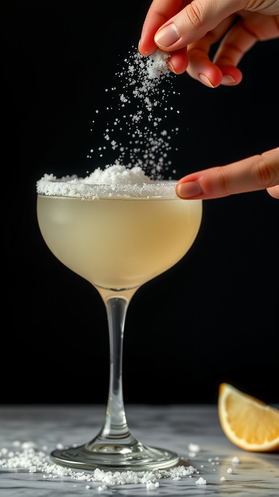 A hand sprinkling salt over the rim of a cocktail glass filled with a margarita.