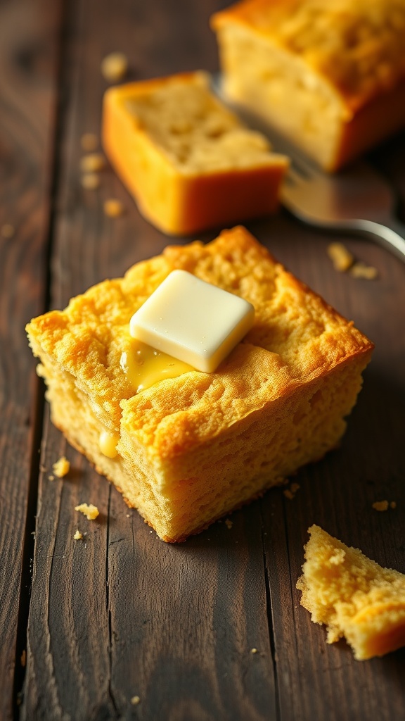 A slice of classic Southern cornbread with a pat of butter on top, served on a wooden surface.
