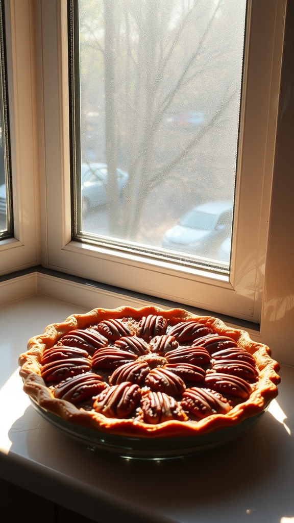 Classic Southern pecan pie with pecan halves arranged beautifully on top, baked in a pie crust.
