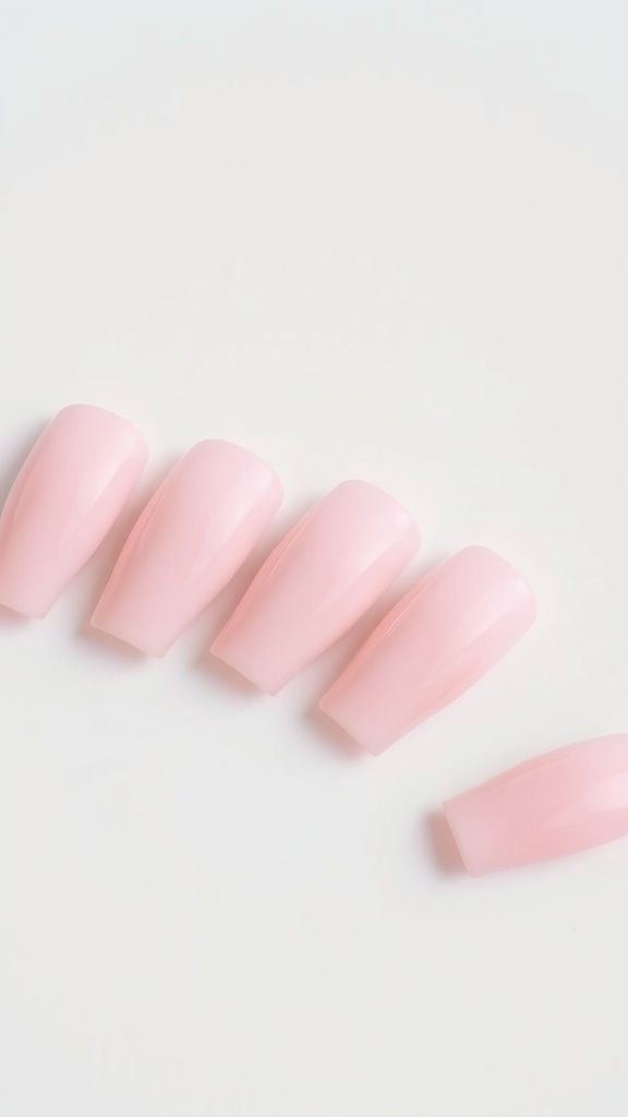 A collection of classic square acrylic nails in soft pink color.