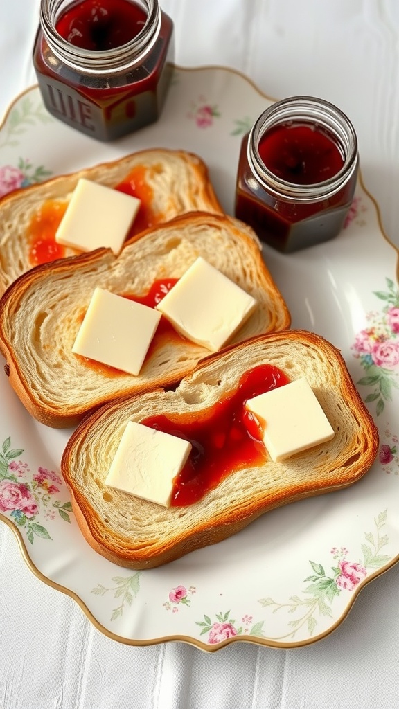 Classic toast with butter and jam on a decorative plate