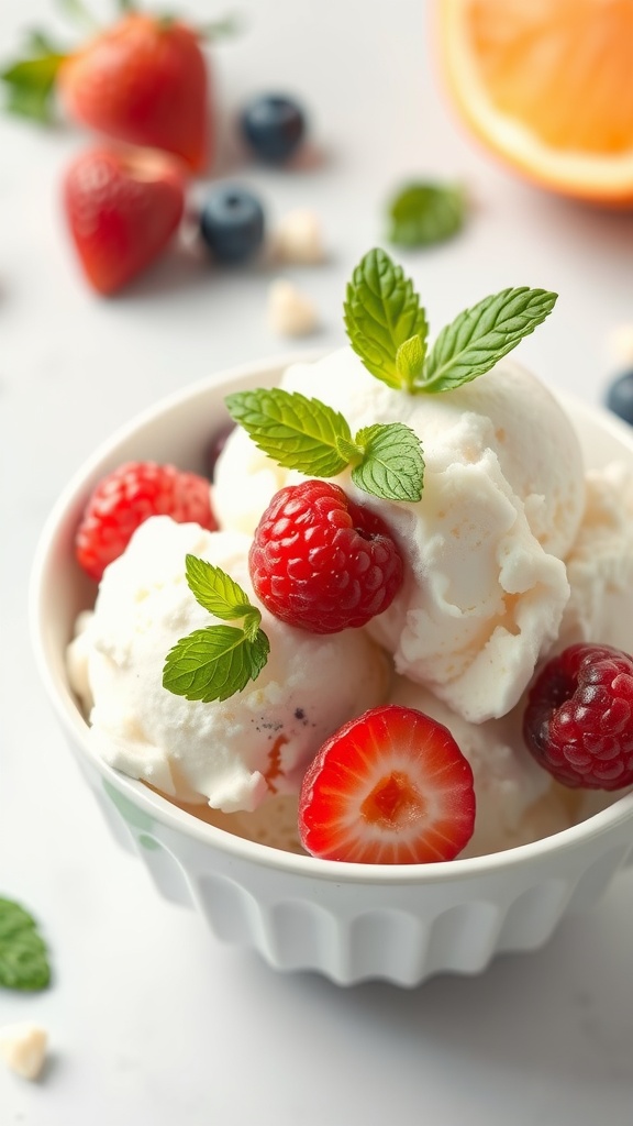 A bowl of classic vanilla snow ice cream topped with fresh berries and mint leaves.