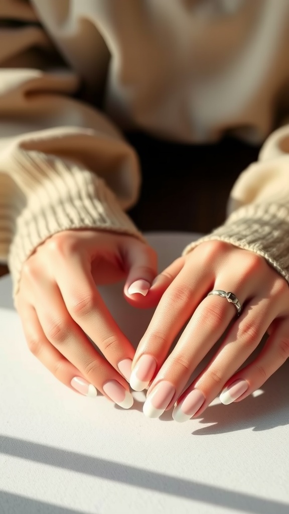 A close-up of hands with classic white French tip nails, set against a soft background.