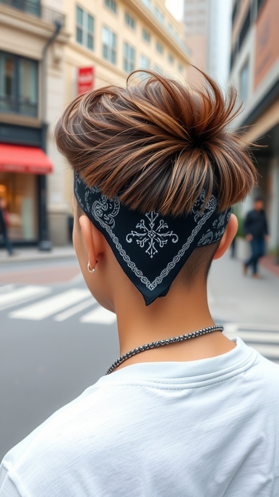 A person with a claw clip hairstyle and a bandana, showcasing a trendy look.