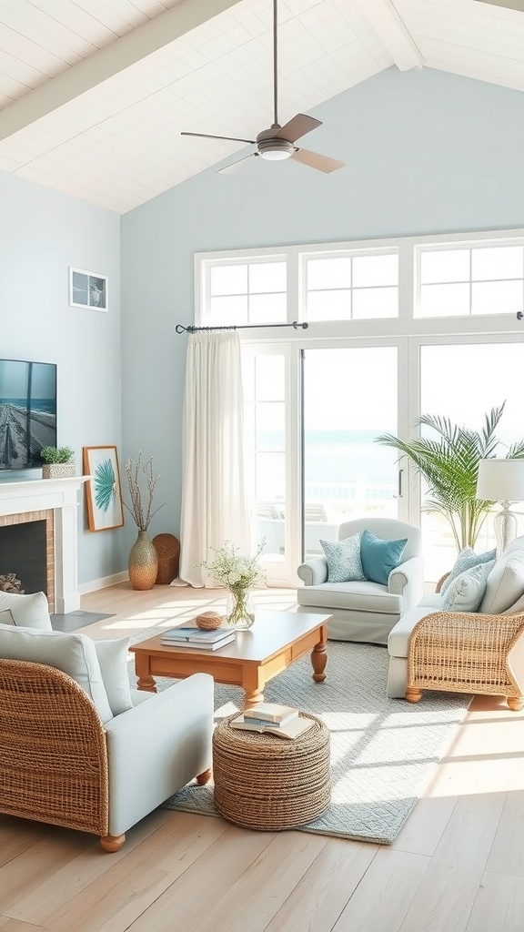 A bright and airy beach house living room with soft blue walls and natural textures.
