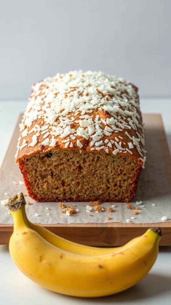 Loaf of coconut and banana bread with shredded coconut on top.