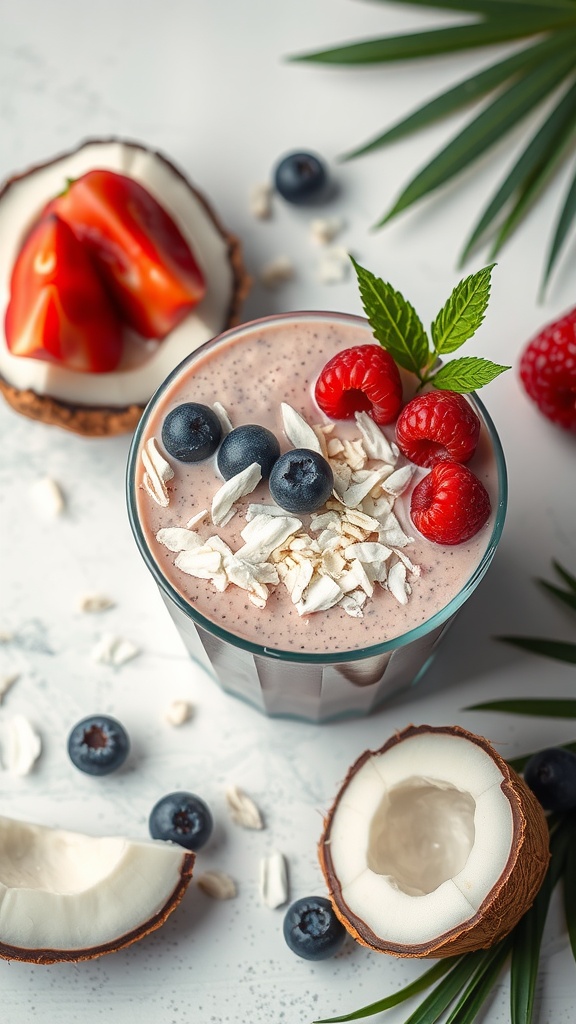 A refreshing coconut berry smoothie topped with fresh berries and shredded coconut.