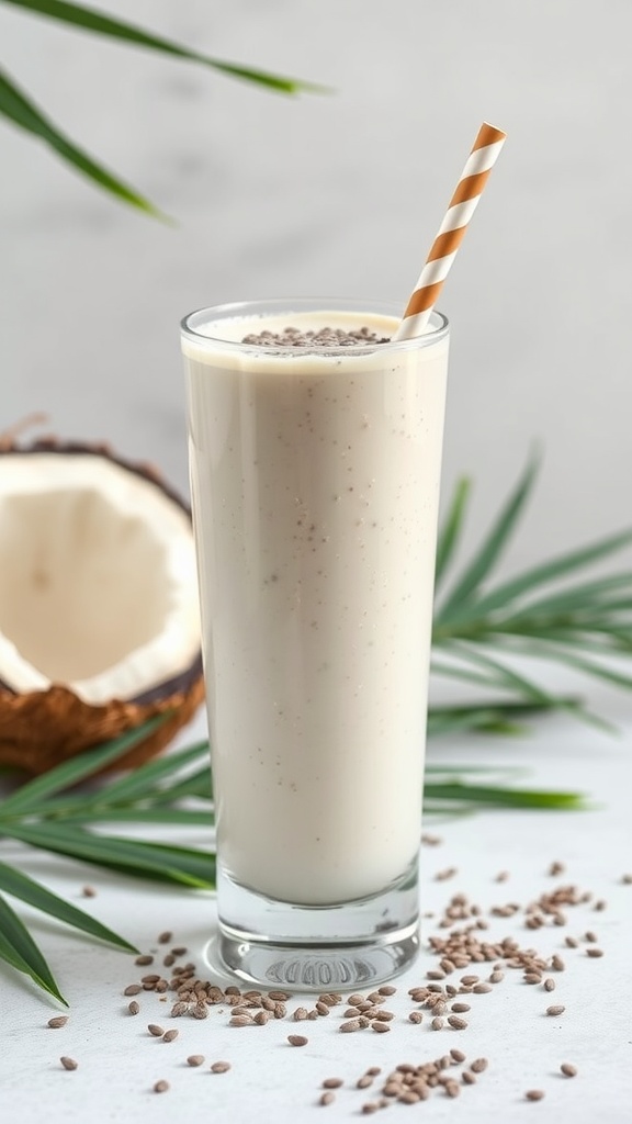 Coconut Chia Fiber Smoothie in a tall glass with a striped straw.