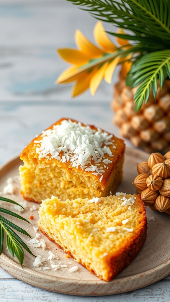 A slice of coconut cornbread topped with shredded coconut.