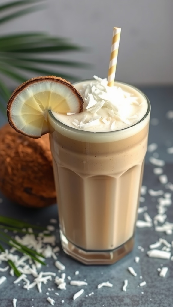 A refreshing coconut cream coffee smoothie in a glass with a garnish of coconut and a slice of lemon.