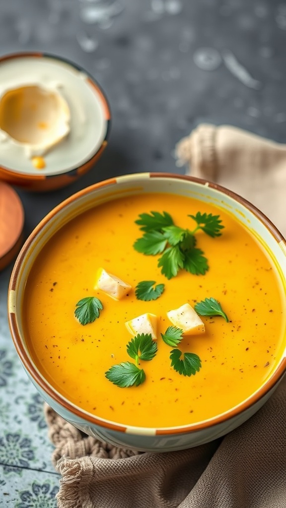 Bowl of coconut curry chicken soup topped with fresh herbs and diced chicken.