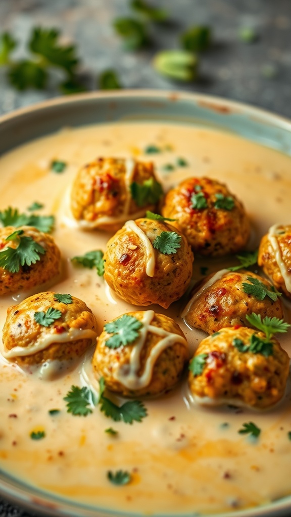 Delicious coconut curry meatballs served in a creamy sauce with fresh cilantro