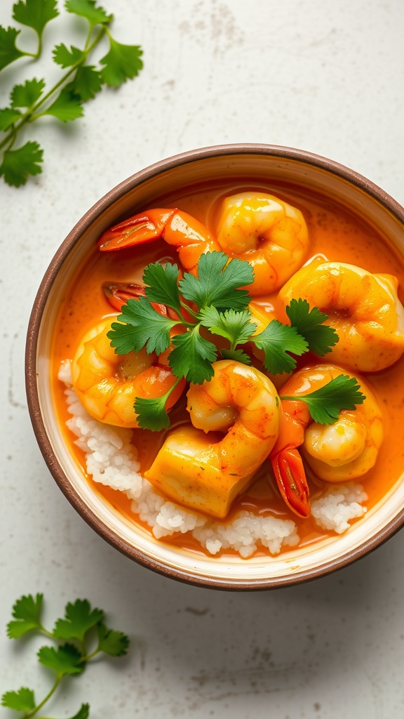 A bowl of coconut curry shrimp garnished with cilantro