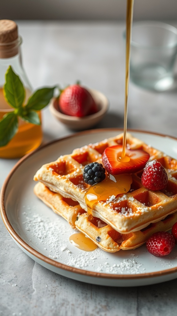 Coconut flour chaffles topped with fresh berries and syrup