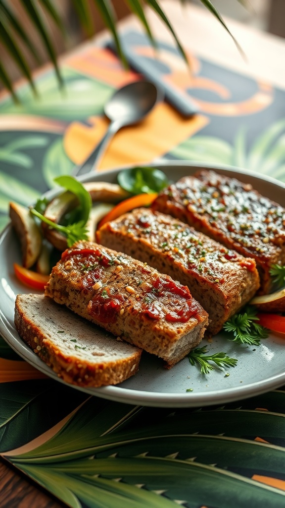 A plate of coconut flour meatloaf with colorful vegetables
