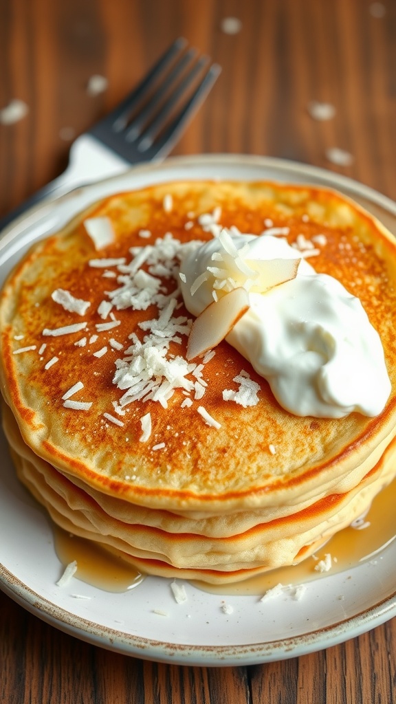 A stack of coconut flour pancakes topped with whipped cream and shredded coconut.